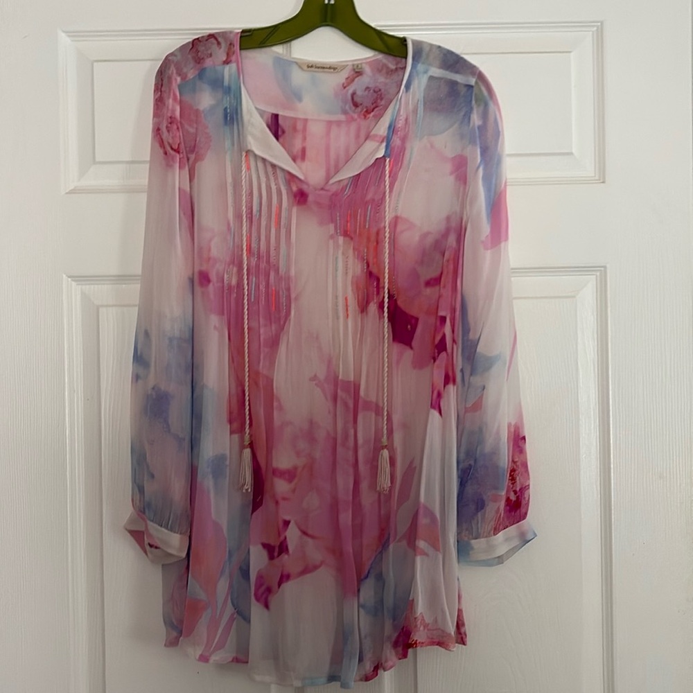 Soft Surroundings Beaded Sheer Watercolor Tunic Blouse Top Size Small Artsy